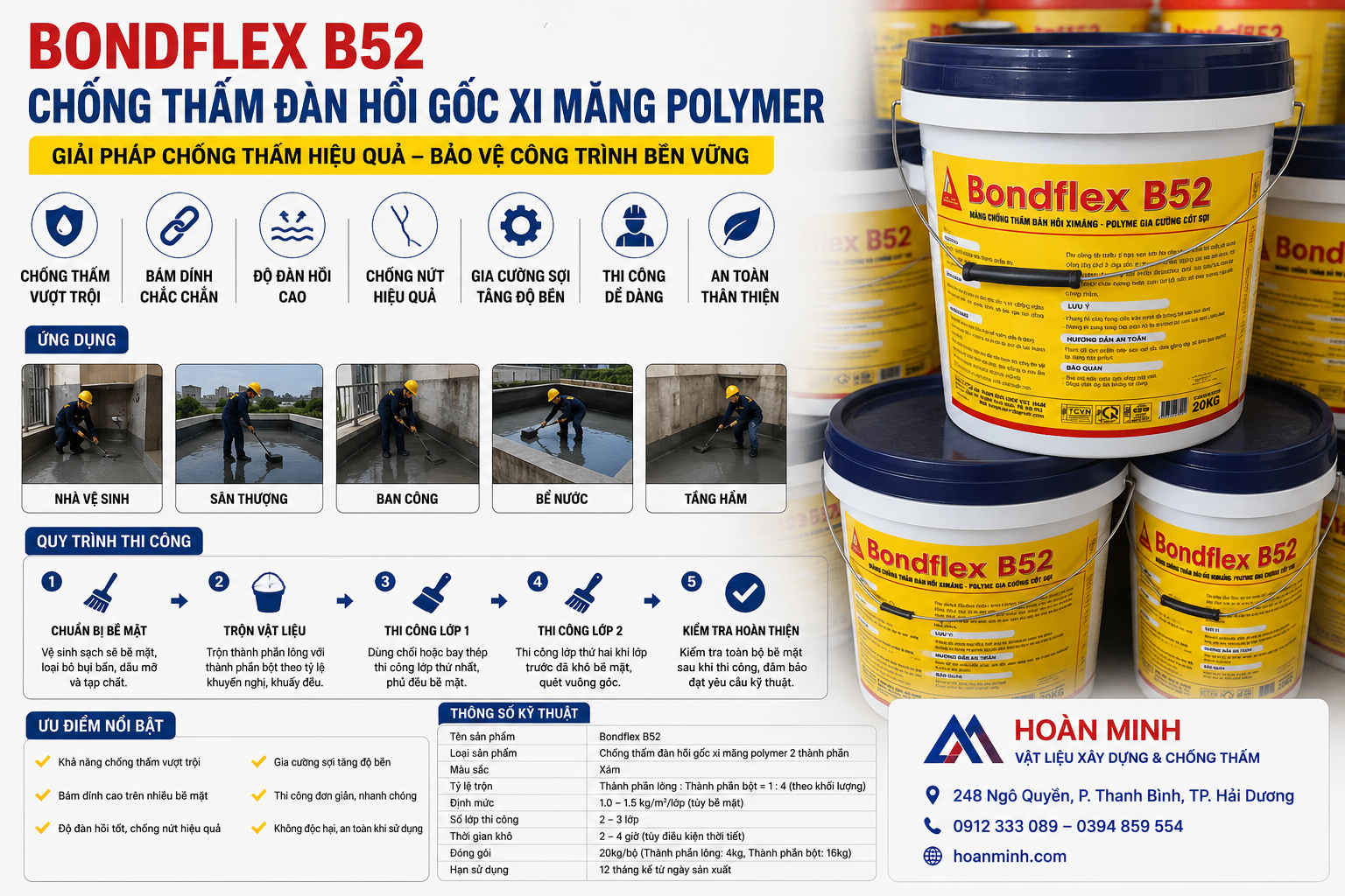 Bondflex B52 chống thấm đàn hồi gốc xi măng polymer hiệu quả cao