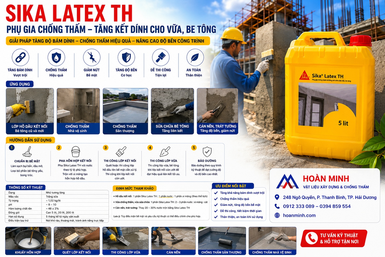 Sika Latex TH phụ gia chống thấm tăng kết dính cho vữa hiệu quả