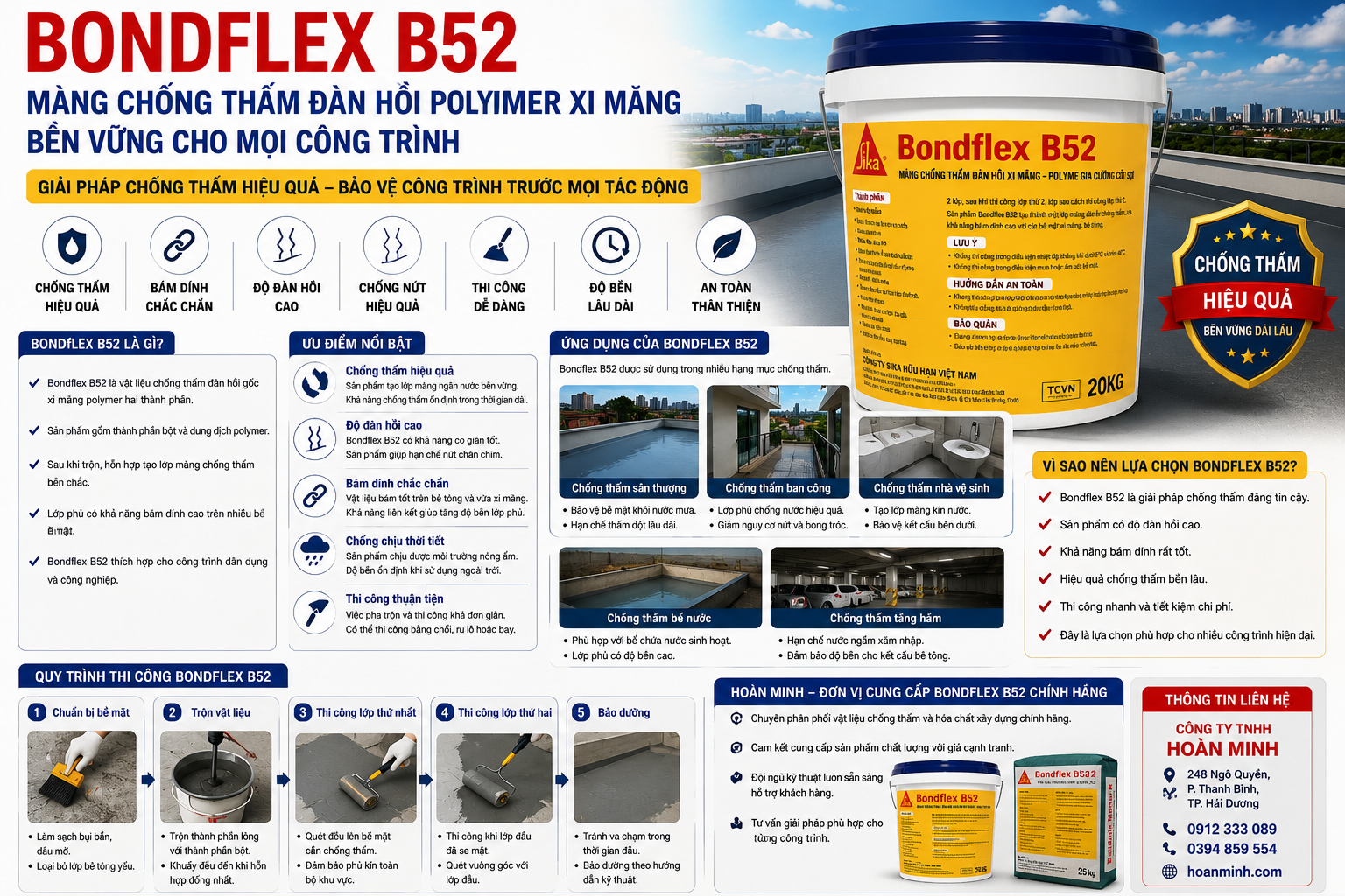 Bondflex B52 màng chống thấm đàn hồi polymer xi măng bền vững cho công trình