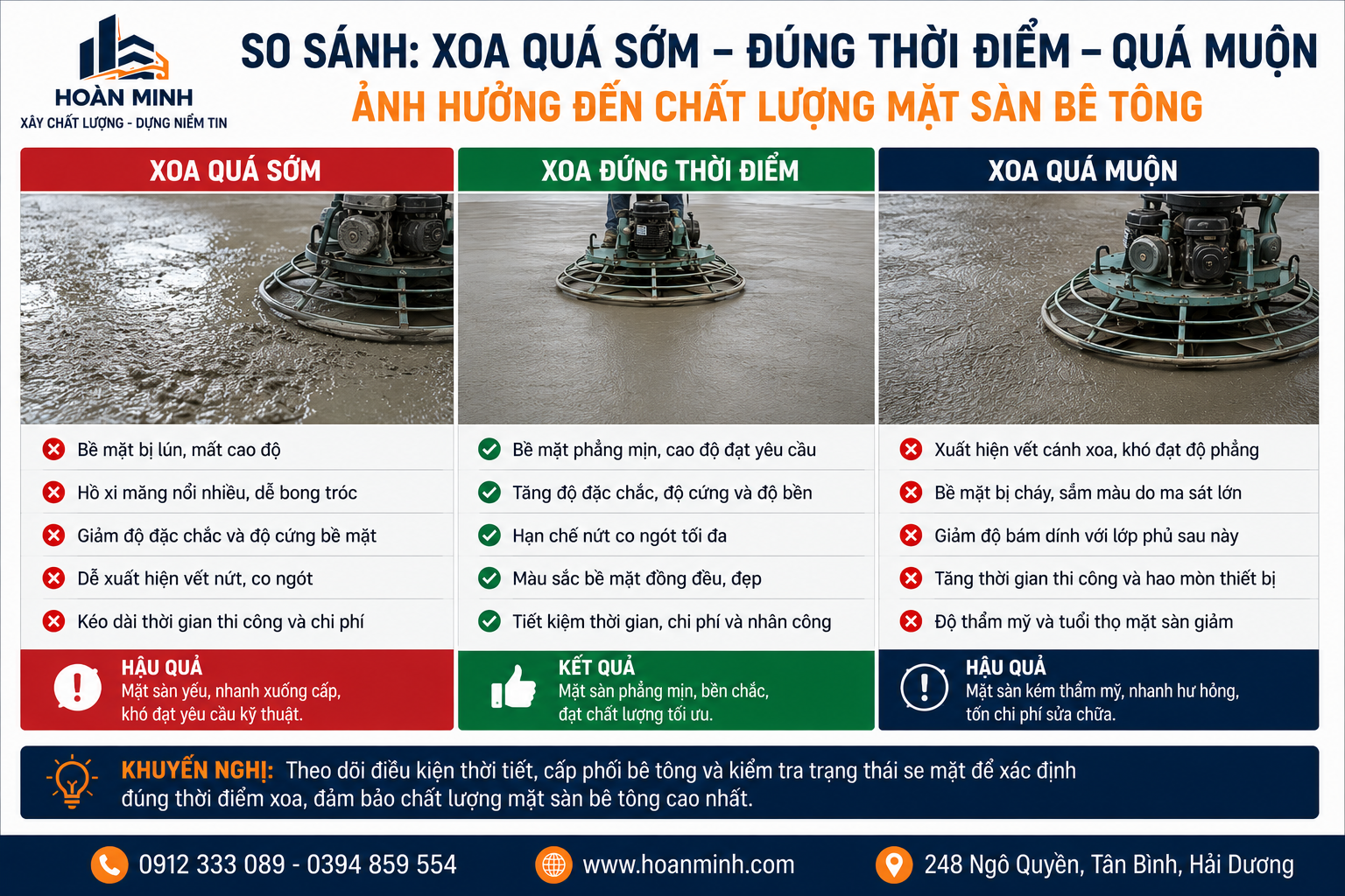 So sánh xoa nền bê tông quá sớm, đúng thời điểm và quá muộn bằng máy xoa công nghiệp