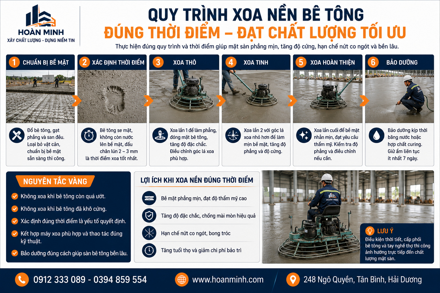 Quy trình xoa nền bê tông đúng thời điểm bằng máy xoa công nghiệp