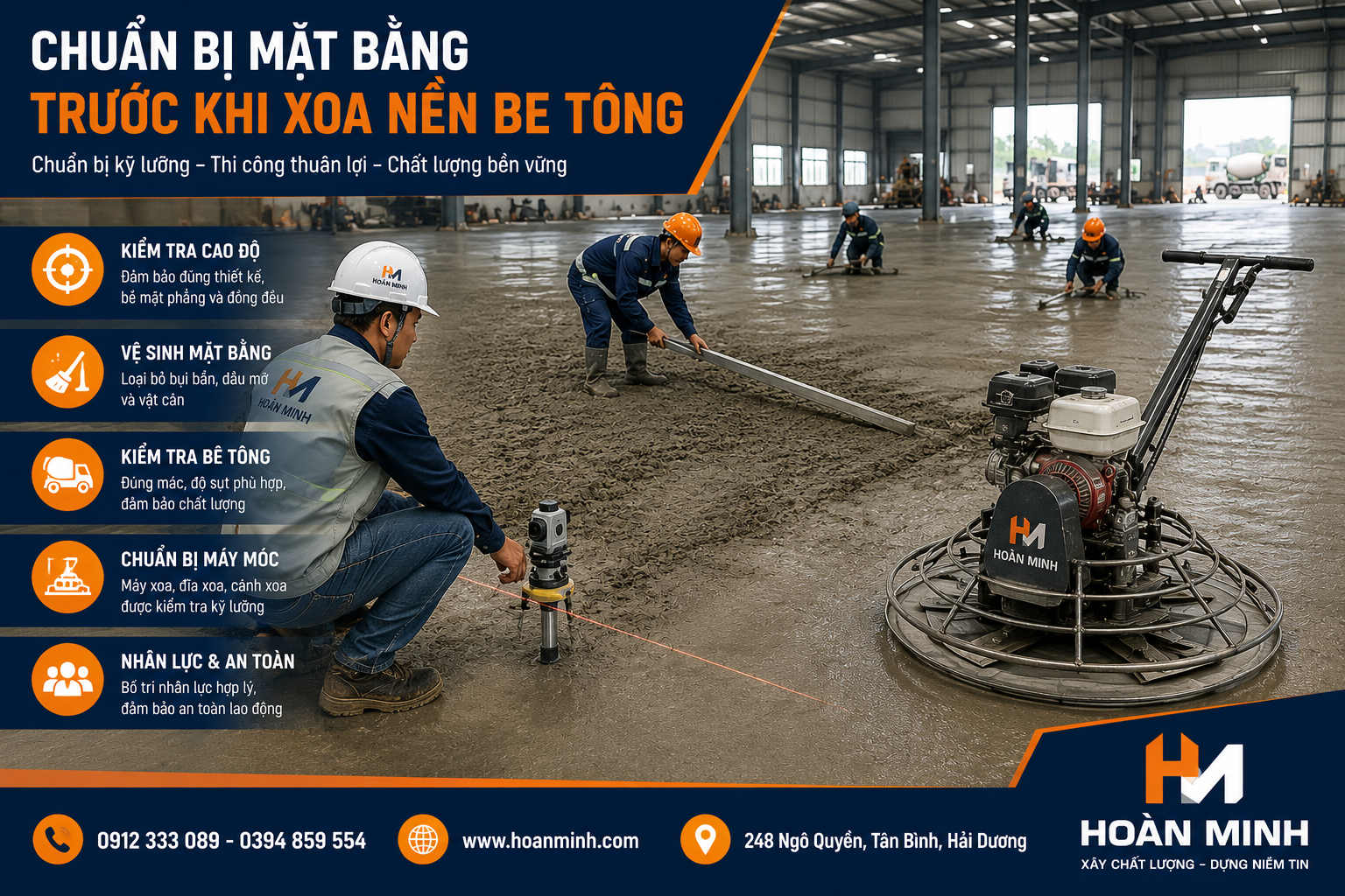 Chuẩn bị mặt bằng trước khi thi công xoa nền bê tông bằng máy xoa công nghiệp