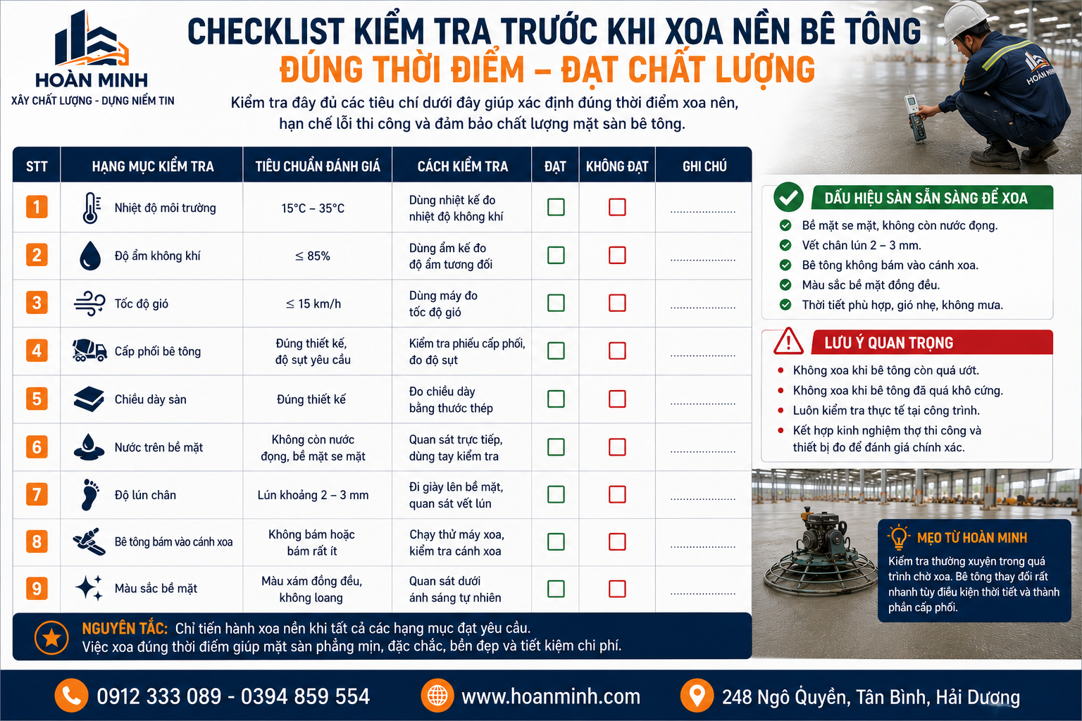 Checklist kiểm tra trước khi xoa nền bê tông bằng máy xoa công nghiệp
