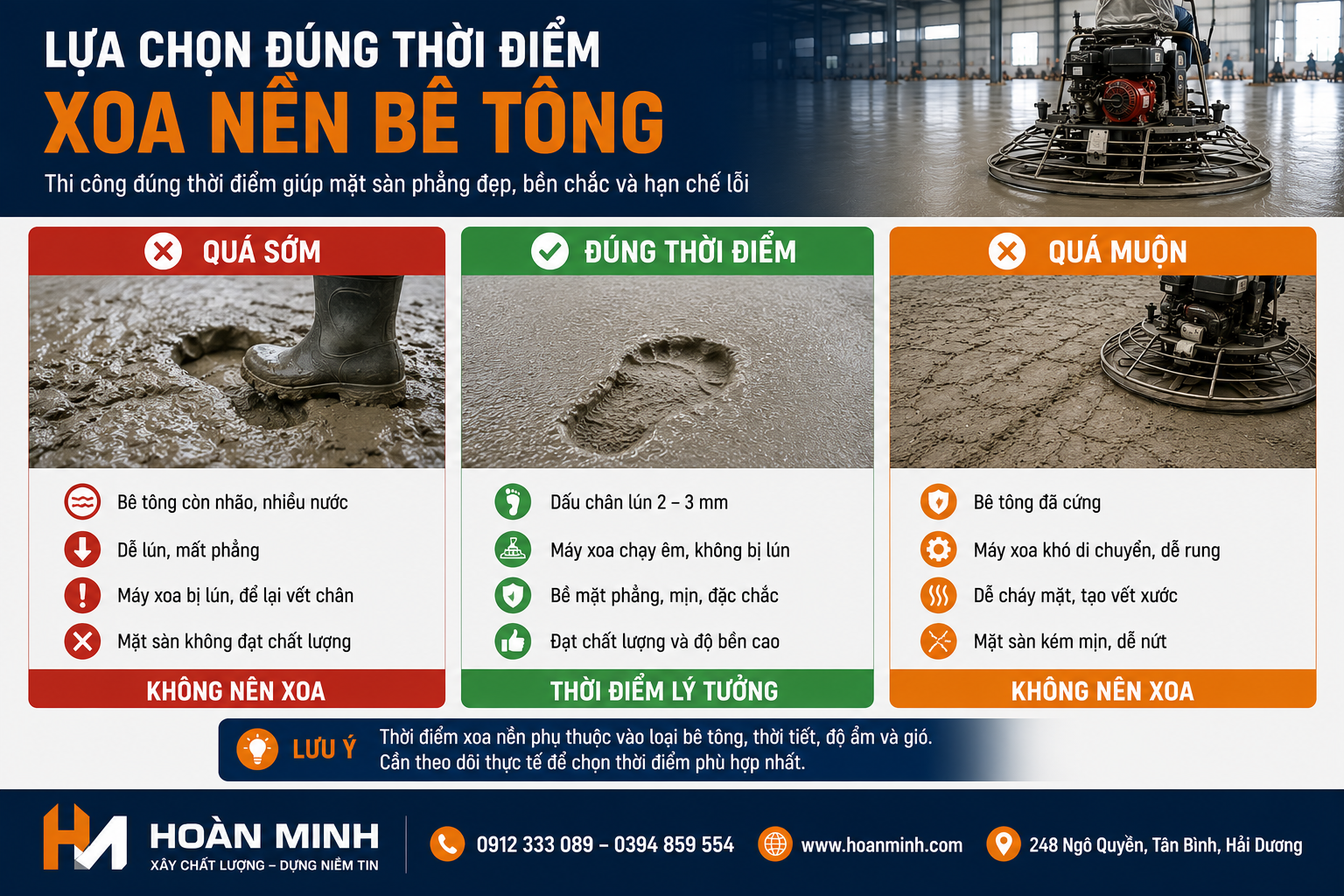 Lựa chọn đúng thời điểm xoa nền bê tông quyết định chất lượng mặt sàn
