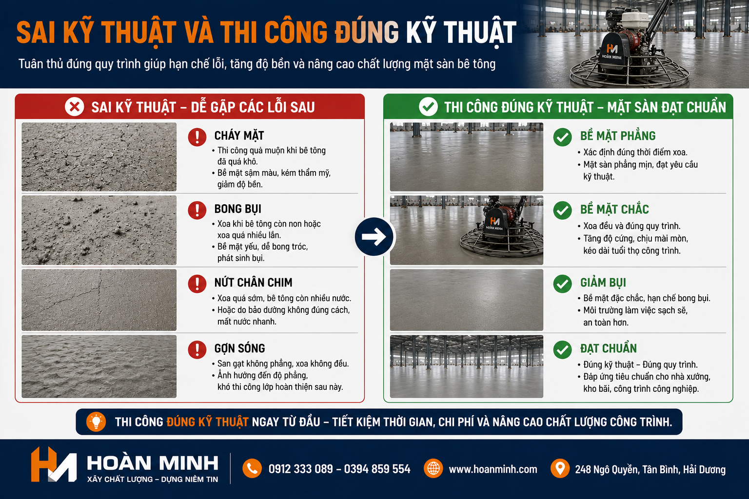 So sánh thi công xoa nền bê tông đúng kỹ thuật và sai kỹ thuật bằng máy xoa công nghiệp