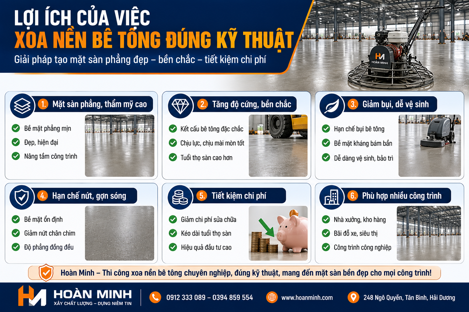 Lợi ích của xoa nền bê tông đúng kỹ thuật cho nhà xưởng và công trình công nghiệp