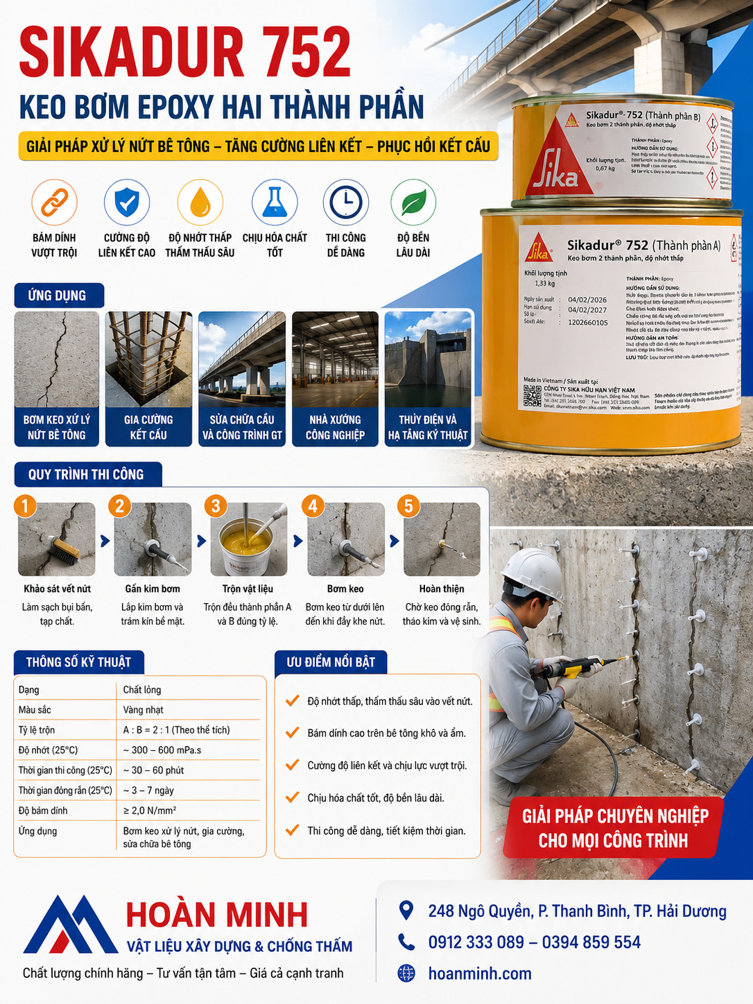 Sikadur 752 keo bơm epoxy hai thành phần xử lý nứt bê tông hiệu quả