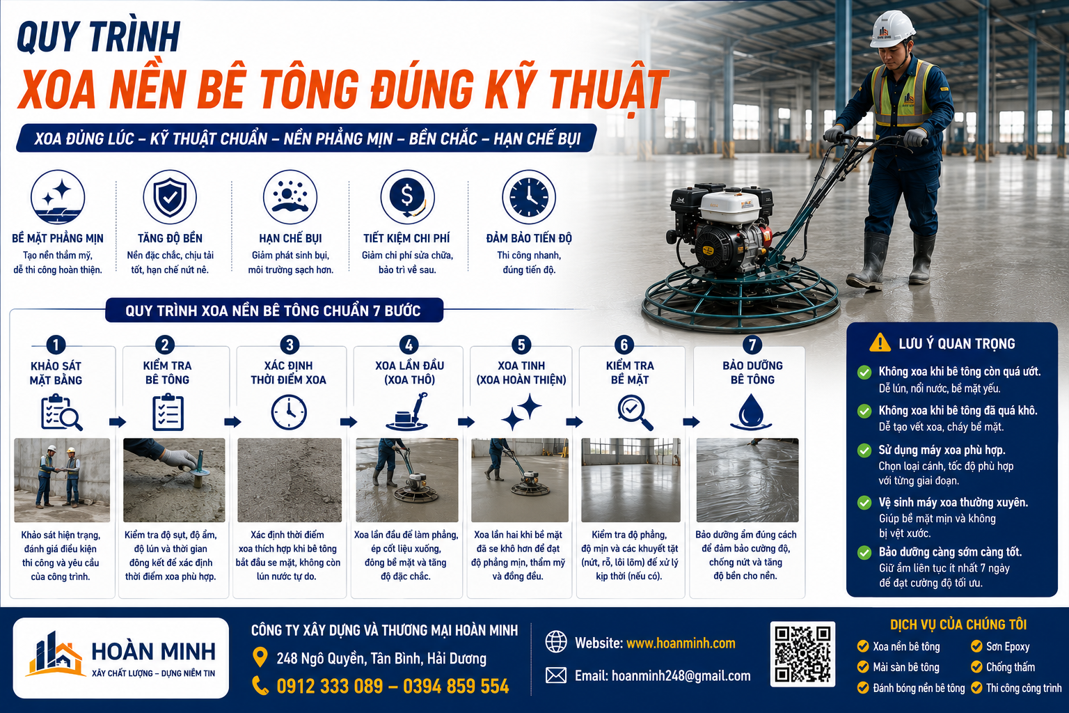 Quy trình xoa nền bê tông đúng kỹ thuật gồm 7 bước