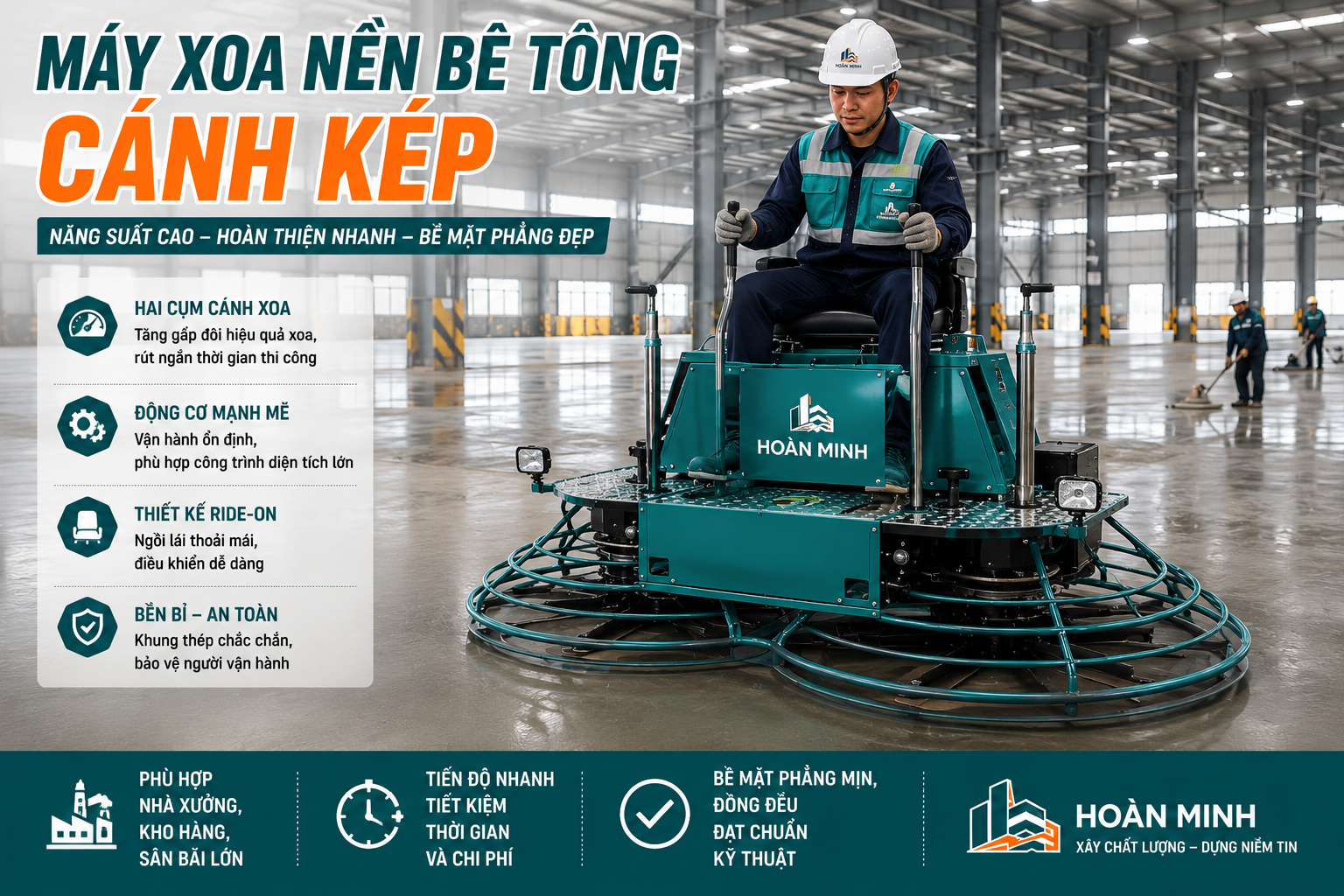 Máy xoa nền bê tông cánh kép thi công nhà xưởng diện tích lớn