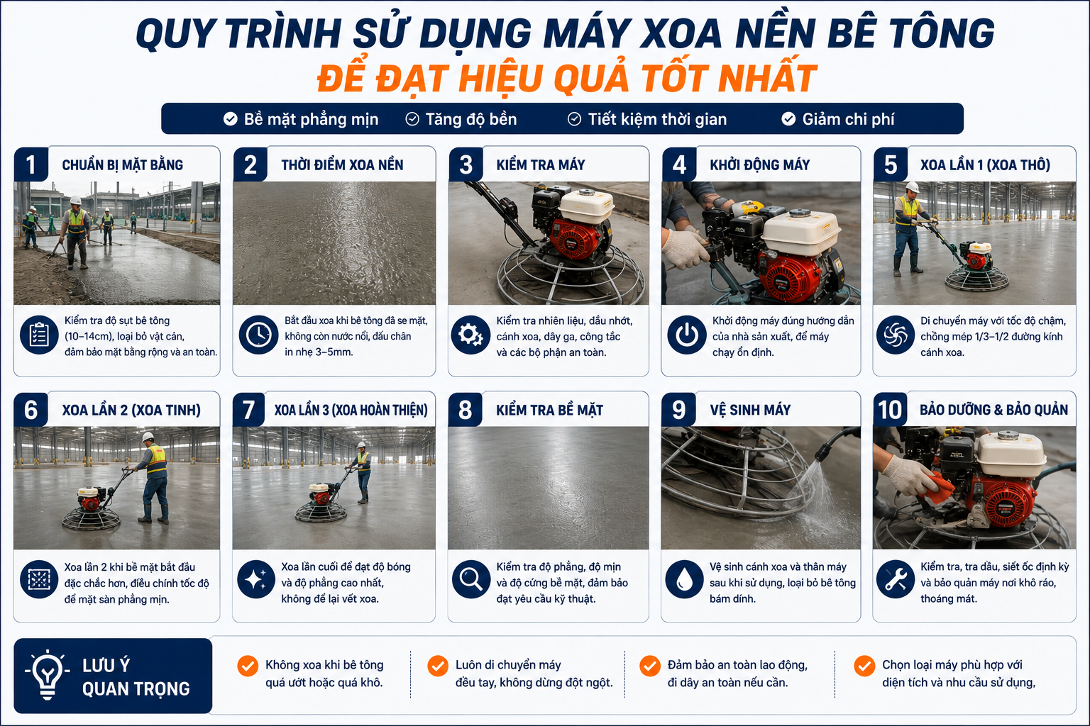 Quy trình sử dụng máy xoa nền bê tông đúng kỹ thuật