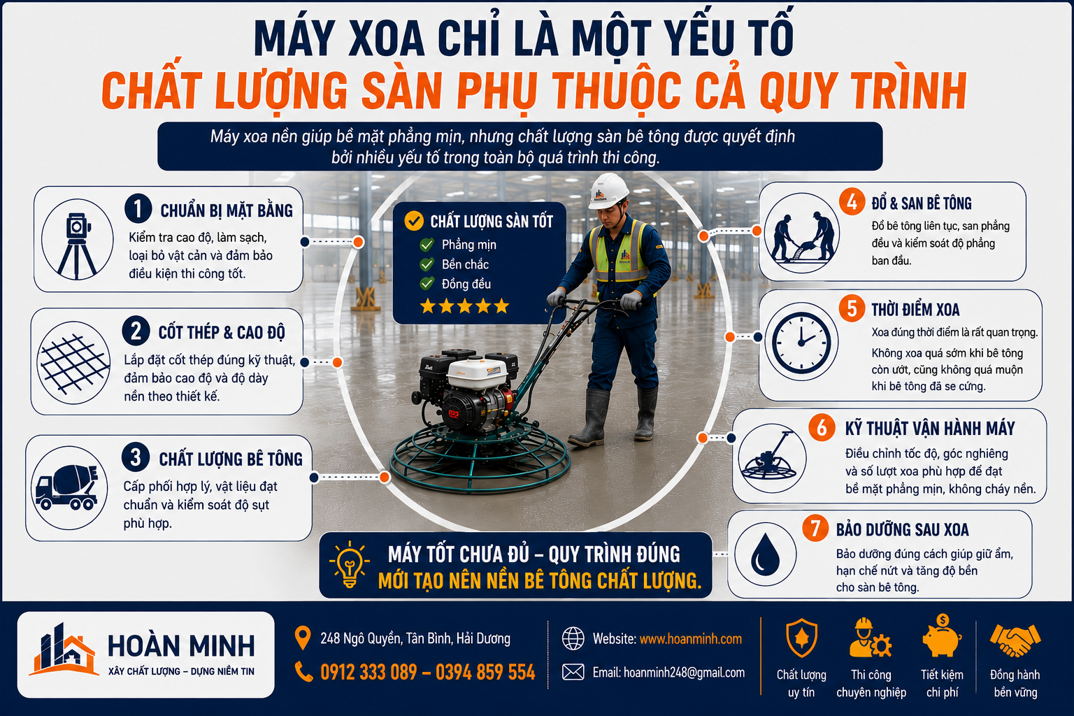 Máy xoa chỉ là một yếu tố quyết định chất lượng nền bê tông