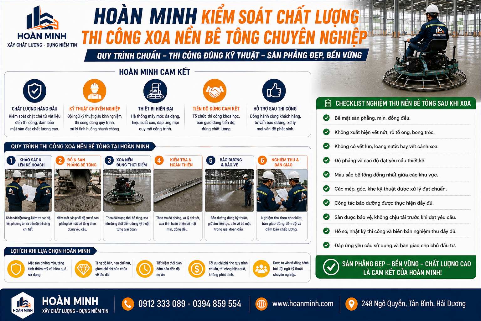 Hoàn Minh thi công xoa nền bê tông chuyên nghiệp và kiểm soát chất lượng