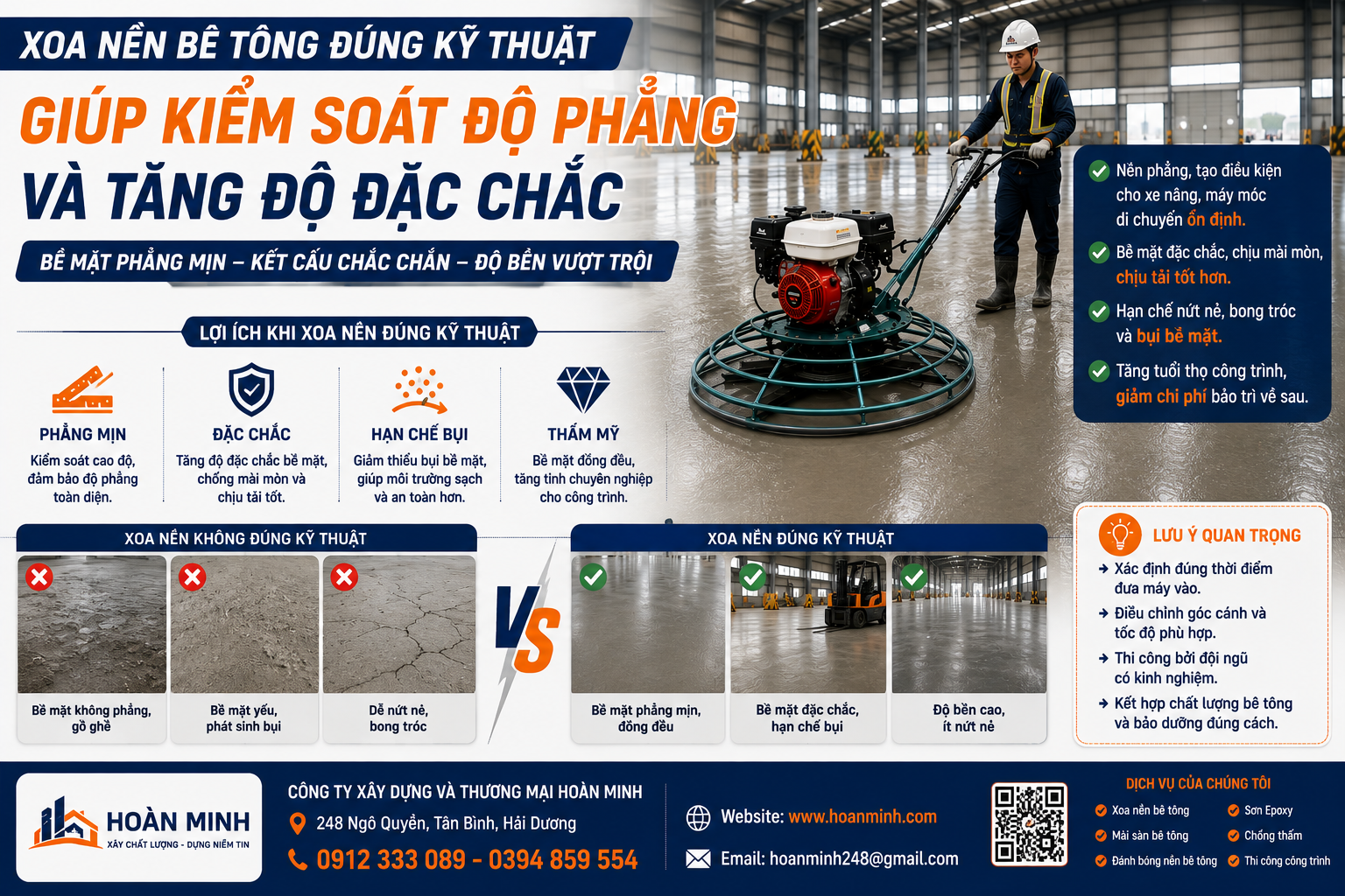 Xoa nền bê tông đúng kỹ thuật giúp kiểm soát độ phẳng