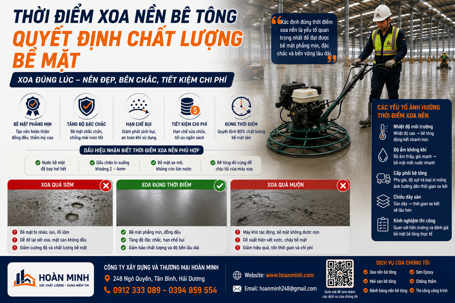 Thời điểm xoa nền bê tông quyết định chất lượng bề mặt