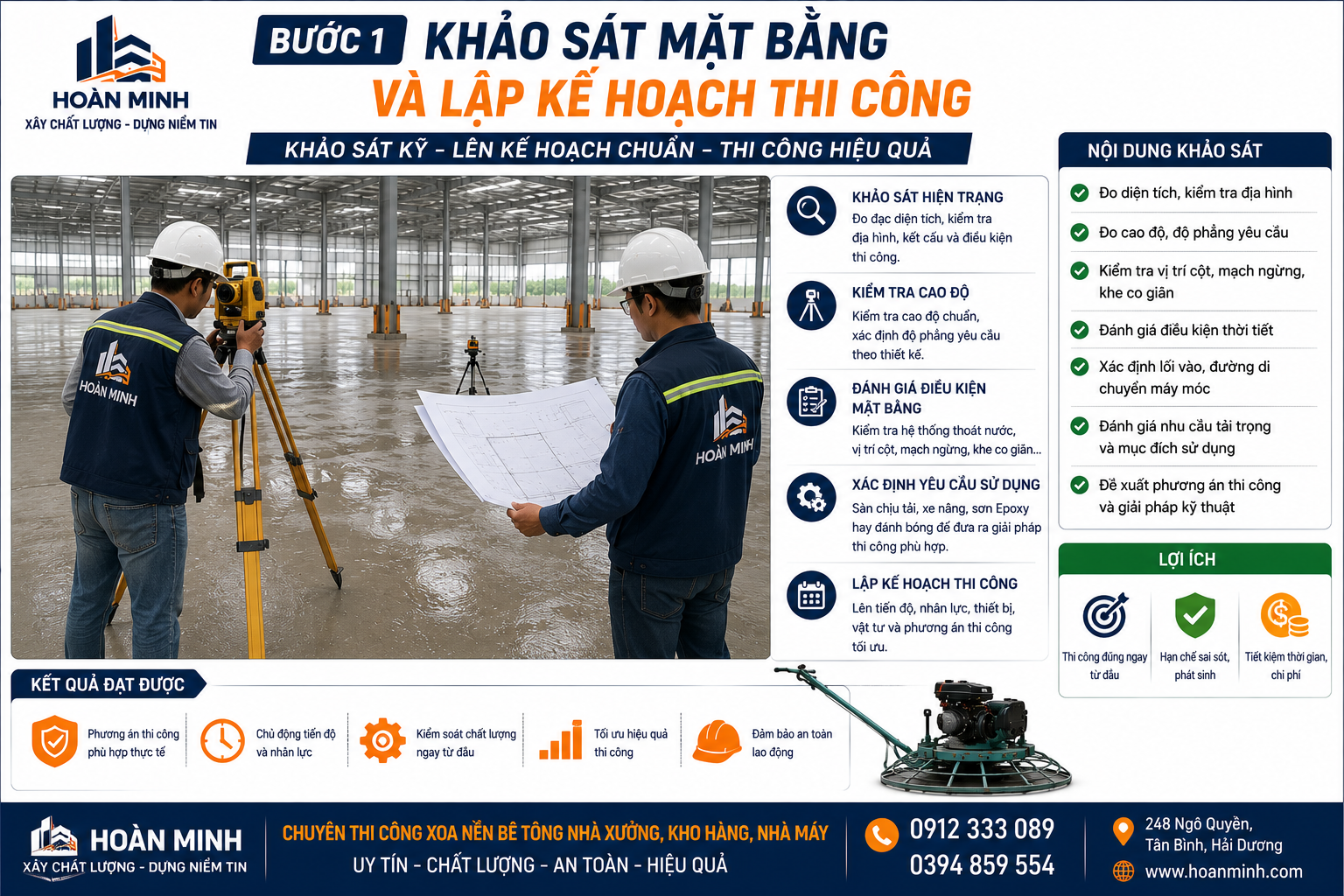 Khảo sát mặt bằng và lập kế hoạch xoa nền bê tông nhà xưởng