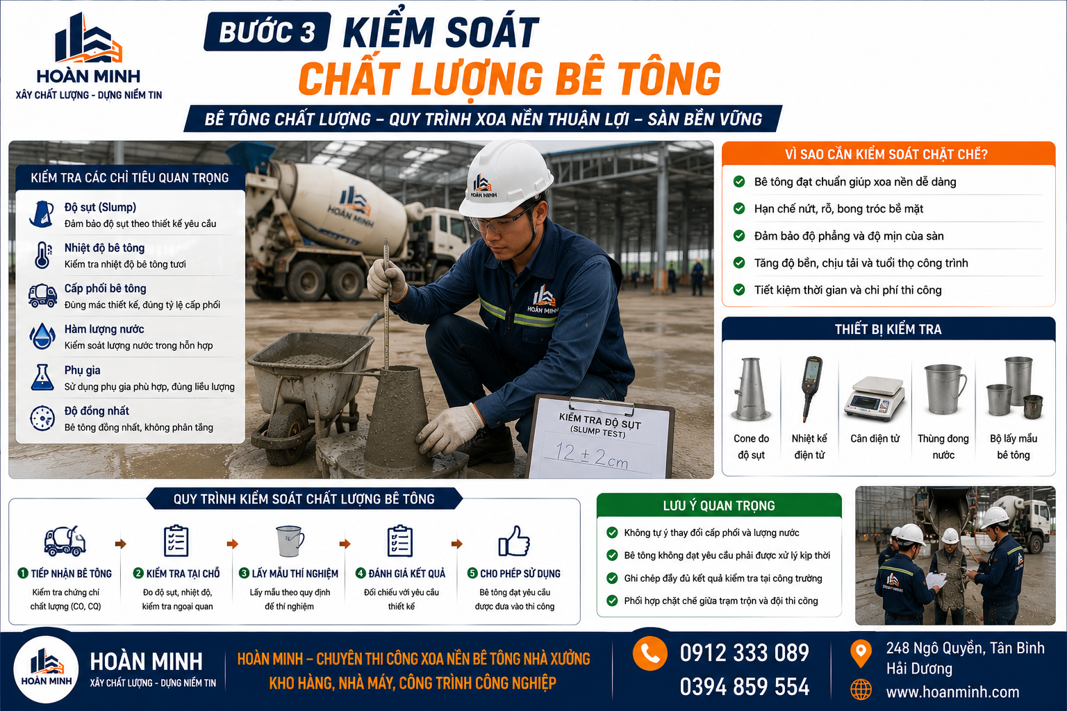 Kiểm soát chất lượng bê tông trước khi xoa nền nhà xưởng