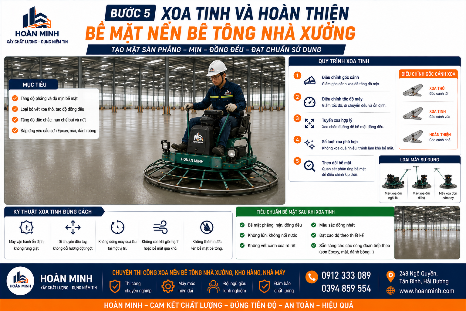 Xoa tinh và hoàn thiện nền bê tông nhà xưởng bằng máy chuyên dụng