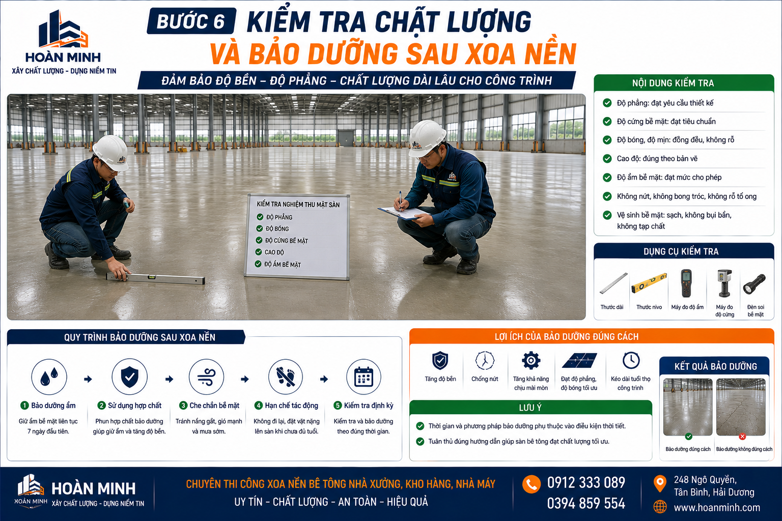 Kiểm tra và bảo dưỡng nền bê tông sau khi xoa