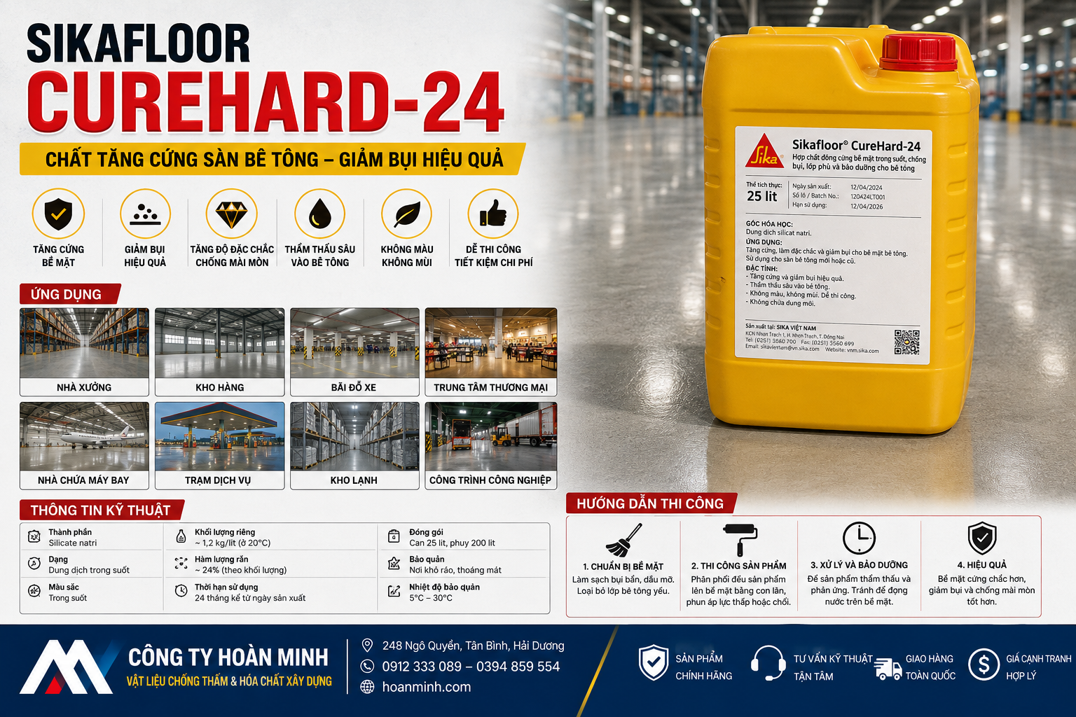 Sikafloor CureHard-24 – Chất tăng cứng sàn bê tông giúp giảm bụi hiệu quả